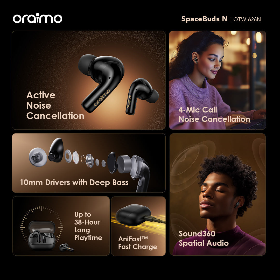 Oraimo SpaceBuds N – ANC, 38h Battery & Multi-Device Pairing